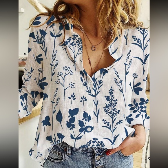 Boho floral print button down casual top - Picture 4 of 15